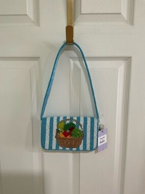 India Boutique Turquoise and White Striped Shoulder Vegetable Basket Beaded Bag